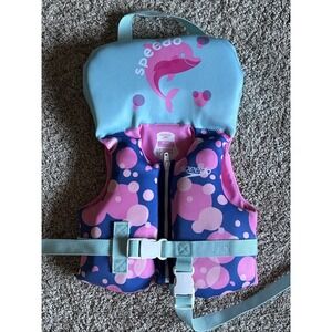 Speedo Swimming Life Jacket Vest PFD USCG Blue Pink Dolphin Up to 30 lbs Infant